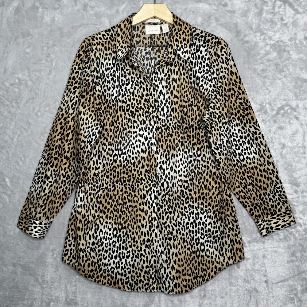 Chicos Shirt Womens L Animal Print Leopard Button Up Long Sleeve No Iron Tunic